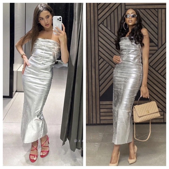 Zara Silver Fitted Metallic Maxi Dress Strapless XS Blogger Fave - Picture 2 of 10